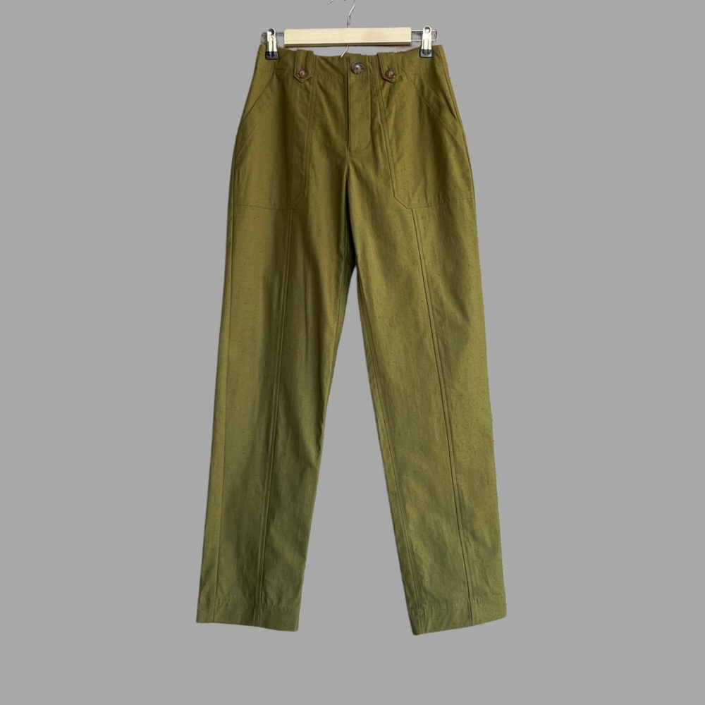 SEZANE Olive Green Textured Straight Leg Cotton Pants Florida Trousers 34, US 2